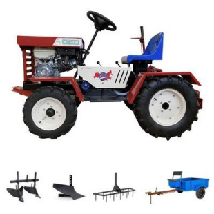 Мототрак Агромаш МТ-110 с Прицепом, двигателем 188F мощностью 13 л.с., колеса R10 - R12. В комплекте (Мототрак, сцепка, плуг, двойной окучник, борона, прицеп)